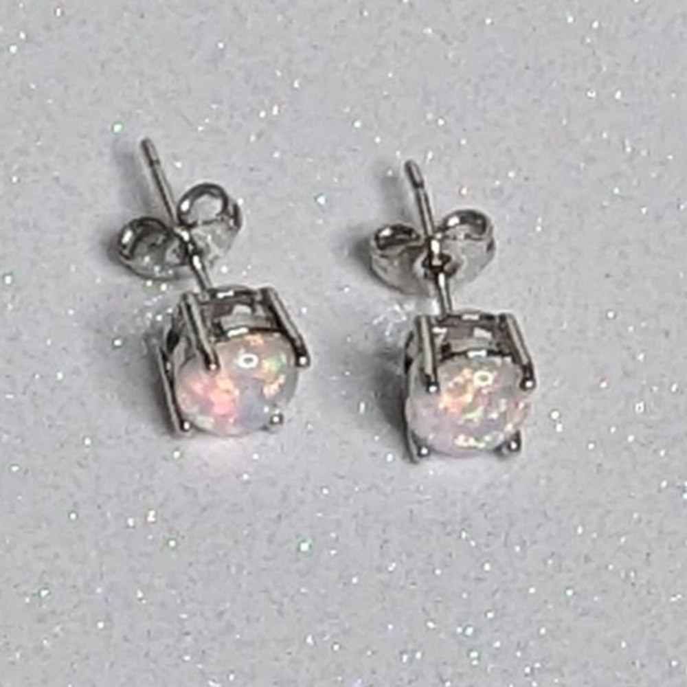 White Fire Opal 6MM Round Stud Earrings - Picture 5 of 6